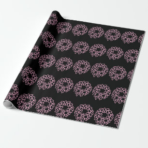 Whimsical Black and Pink Christmas Wreath Pattern Wrapping Paper