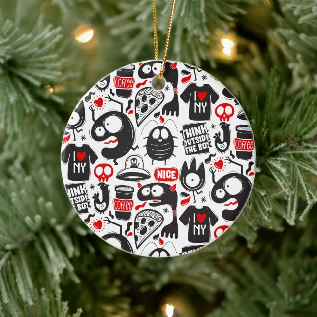 Whimsical Black and Red Monster Doodles  Ceramic Tree Decoration (Tree)