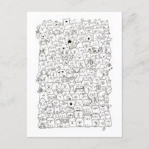 Whimsical Black and White "Cats and Co" Doodle Holiday Postcard