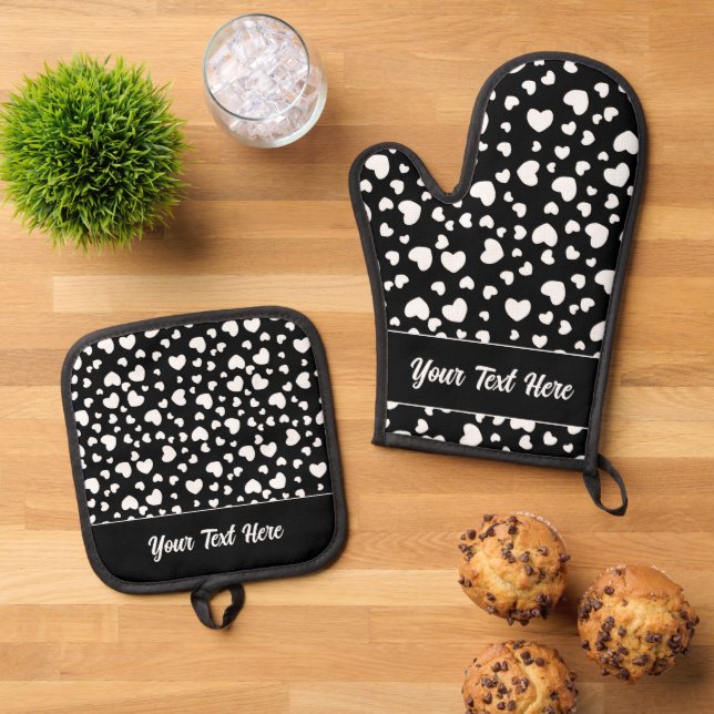 Whimsical Black and White Hearts Pattern Oven Mitt & Pot Holder Set (Top Down)