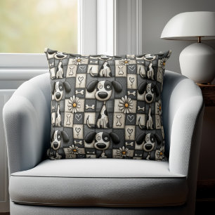 Whimsical Black and White Patchwork Dog Pattern Cushion