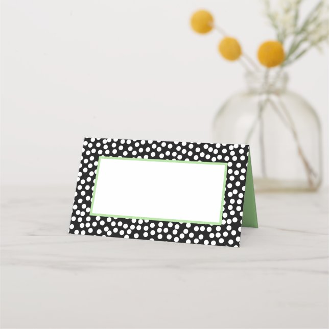 Whimsical Black and White Polka Dots with Green Place Card (Back)
