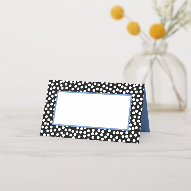 Whimsical Black and White Polka Dots with Violet Place Card (Back)