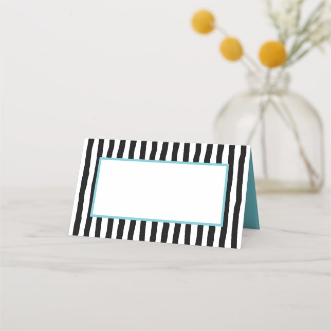 Whimsical Black and White Stripes with Aqua Place Card (Back)