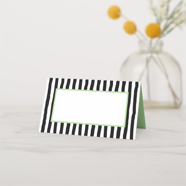 Whimsical Black and White Stripes with Green Place Card (Back)