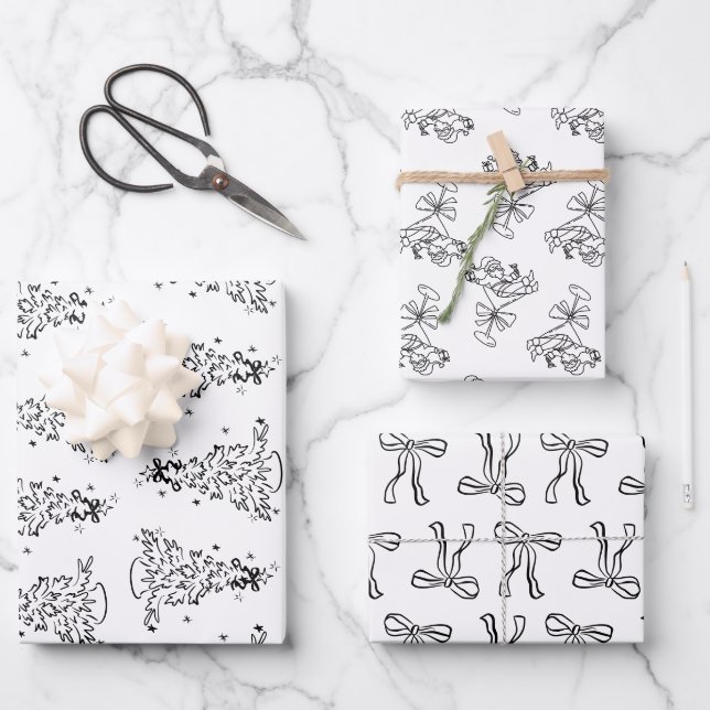 whimsical black and white trendy hand drawn wrapping paper sheet (Front)