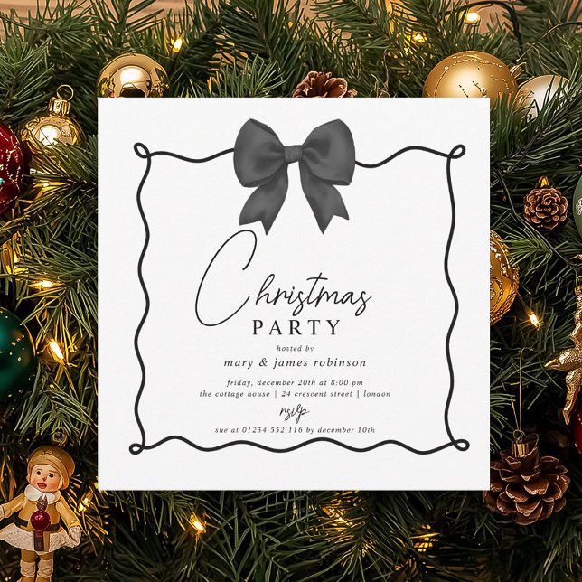 Whimsical Black Bow Christmas Holiday Party  Invitation (Whimsical Black Bow Christmas Holiday Party Invitation)
