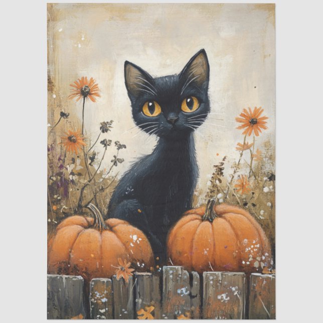 Whimsical Black Cat and Pumpkins Decoupage Tissue Paper (Front)