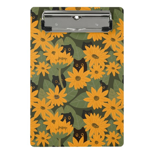 Whimsical Black Cat and Sunflower Seamless Pattern Mini Clipboard (Front)