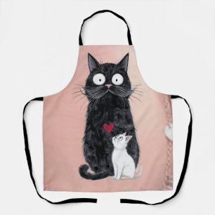 Whimsical Black Cat and White Kitten with Red Hear Apron