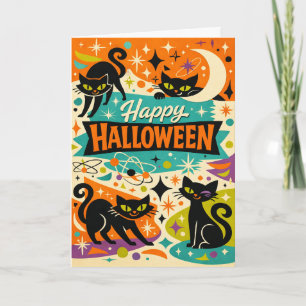 Whimsical Black Cat Atomic Age Halloween Card