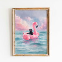 Whimsical Black Cat Beach Print: Flamingo Float