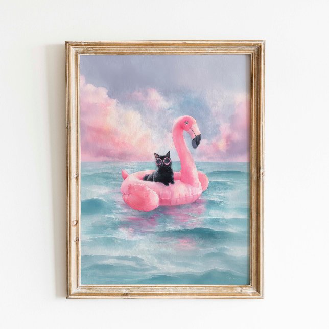 Whimsical Black Cat Beach Print: Flamingo Float Poster (Creator Uploaded)