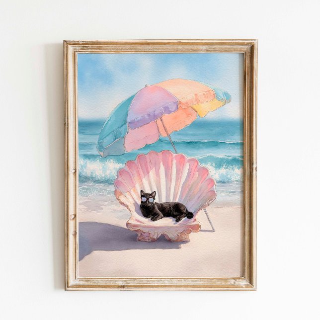 Whimsical Black Cat Beach Print: Seashell Chair Poster (Creator Uploaded)