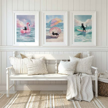 Whimsical Black Cat Beach Print Set: Beach Life