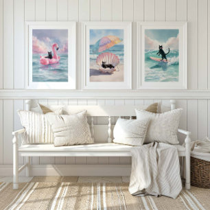 Whimsical Black Cat Beach Print Set: Beach Life