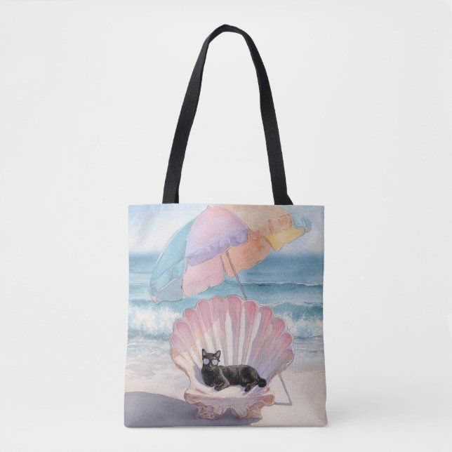 Whimsical Black Cat Beach Tote (Front)