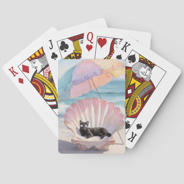 Whimsical Black Cat Beach Tote Playing Cards (Back)