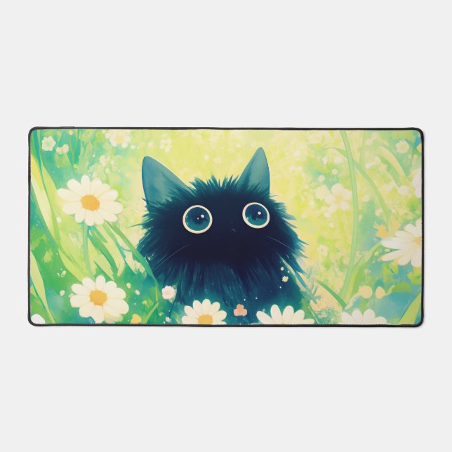 Whimsical Black Cat Daisy Meadow Teal Sky Desk Mat (Front)