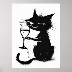 Whimsical Black Cat Drinking Wine 2D Poster