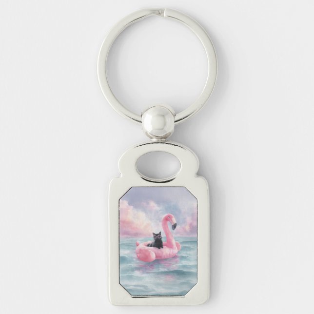 Whimsical Black Cat Flamingo Float Keychain (Front)