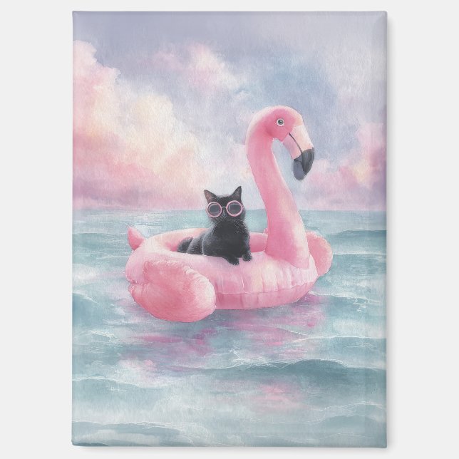 Whimsical Black Cat Flamingo Float Magnet (Front)