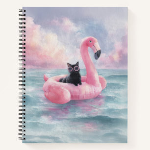 Whimsical Black Cat Flamingo Float Notebook