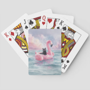 Whimsical Black Cat Flamingo Float Playing Cards