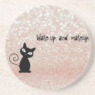 Whimsical Black Cat Glittery-Wake up and makeup Coaster