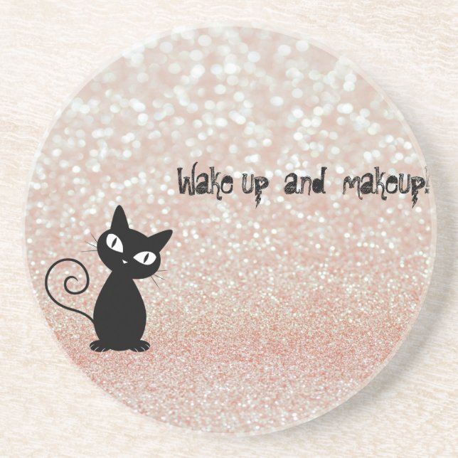 Whimsical  Black Cat Glittery-Wake up and makeup Coaster (Front)