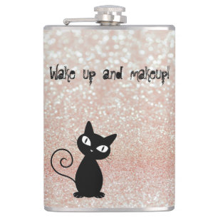 Whimsical  Black Cat Glittery-Wake up and makeup Hip Flask