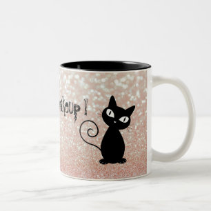 Whimsical  Black Cat Glittery-Wake up and makeup Two-Tone Coffee Mug