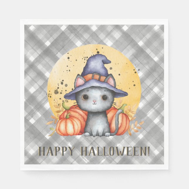 Whimsical Black Cat Halloween Napkin (Front)