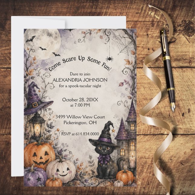 Whimsical Black Cat Halloween Party Invitation (Creator Uploaded)