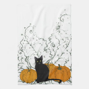 Whimsical Black Cat Halloween Tea Towel