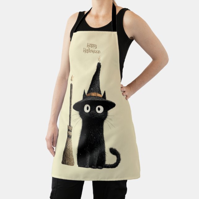 Whimsical Black Cat Happy Halloween Apron (Insitu)