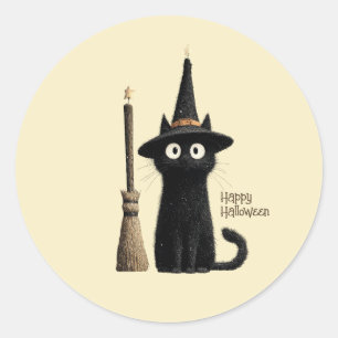 Whimsical Black Cat Happy Halloween Classic Round Sticker