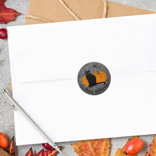 Whimsical Black Cat Happy Halloween Classic Round Sticker