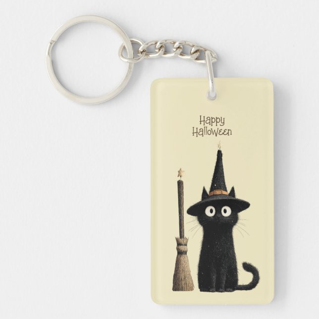Whimsical Black Cat Happy Halloween Key Ring (Front)