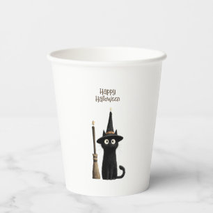 Whimsical Black Cat Happy Halloween Paper Cups
