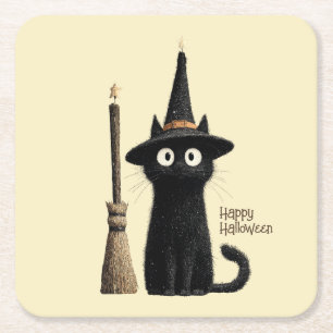 Whimsical Black Cat Happy Halloween Square Paper Coaster
