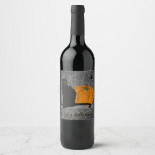 Whimsical Black Cat Happy Halloween Wine Label