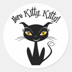 Whimsical Black Cat Here Kitty, Kitty! Classic Round Sticker