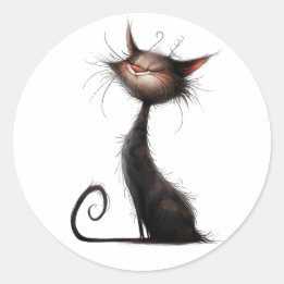 Whimsical Black Cat Illustration Classic Round Sticker