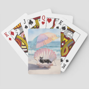 Whimsical Black Cat in Seashell with Umbrella Play Playing Cards