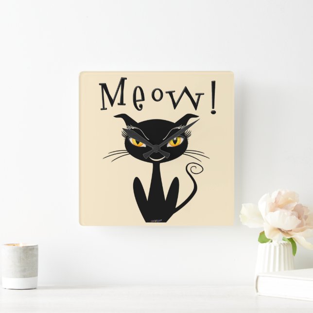 Whimsical Black Cat Meow! Square Wall Clock (Home)