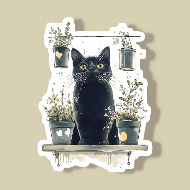 Whimsical Black Cat on a Plant Shelf (Creator Uploaded)