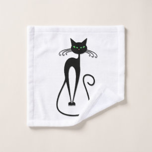 Whimsical Black Cat Piercing Green Eyes Wash Cloth