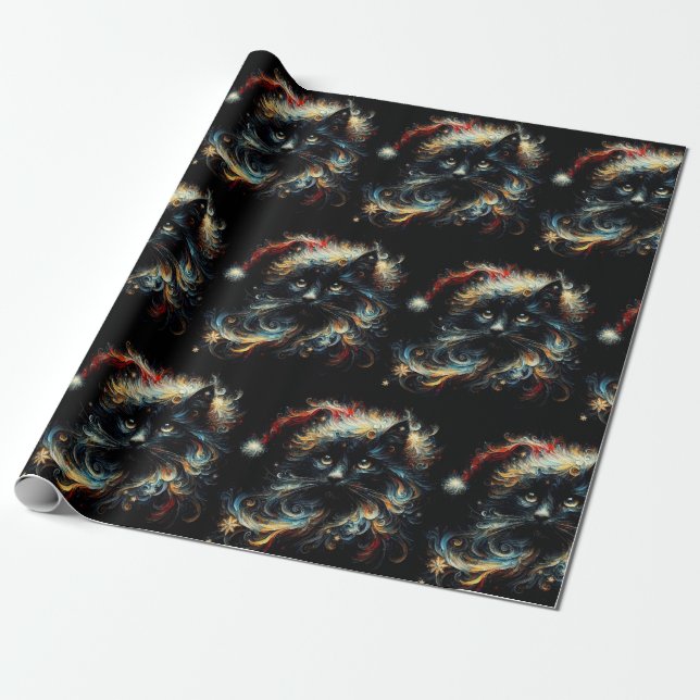 Whimsical Black Cat Santa Christmas Hat Decoupage Wrapping Paper (Unrolled)