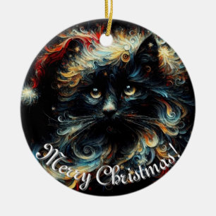 Whimsical Black Cat Santa Christmas Hat Seasonal  Ceramic Tree Decoration